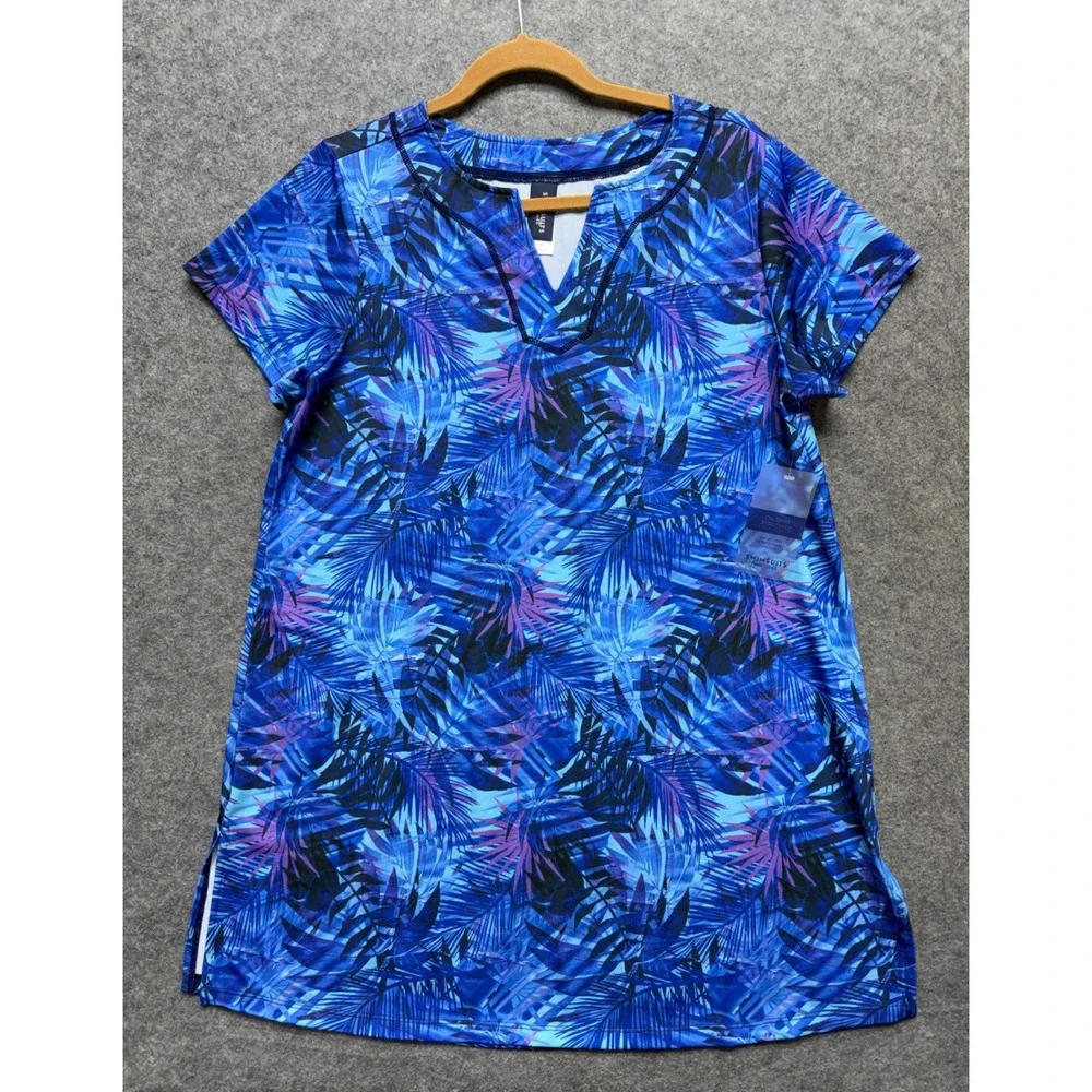 Swimsuits For All Blue Tropical Palm Swim Dress Rash Guard Top 14 Beach Resort